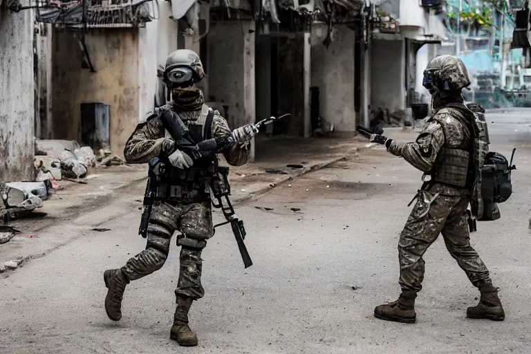 Image similar to Mercenary Special Forces soldiers in grey uniforms with black armored vest and black helmets in urban warfare in Thailand 2022, Canon EOS R3, f/1.4, ISO 200, 1/160s, 8K, RAW, unedited, symmetrical balance, in-frame, combat photography