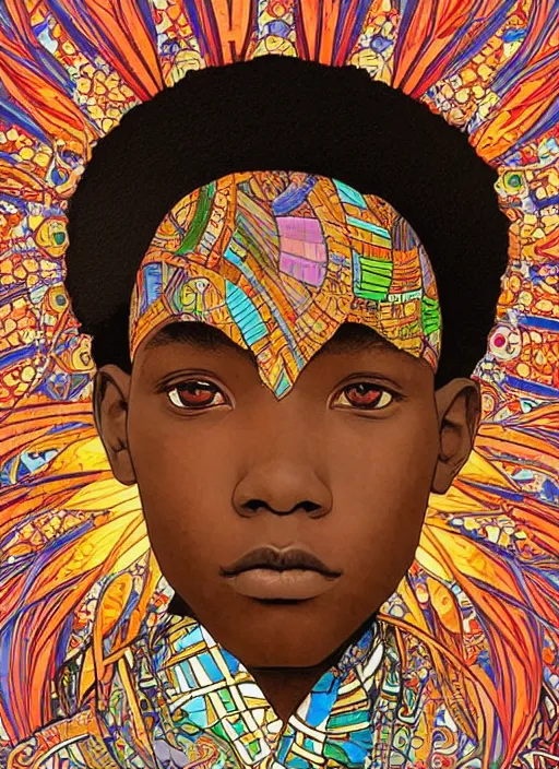 Image similar to colourful upper half portrait of an african boy - art by aya takano & alphonse mucha, magazine collage, highly detailed, digital painting, illustration, smooth, sharp focus, intricate, clustered, busy, pinterest, behance,