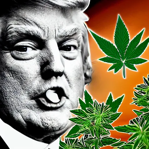 Image similar to close up photograph of very high on weed donald trump, stoner eyes, donald trump smoked weed, weed background, 8 k resolution