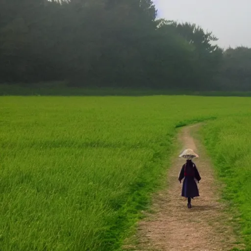 Image similar to A moving castle walking through a field, no people