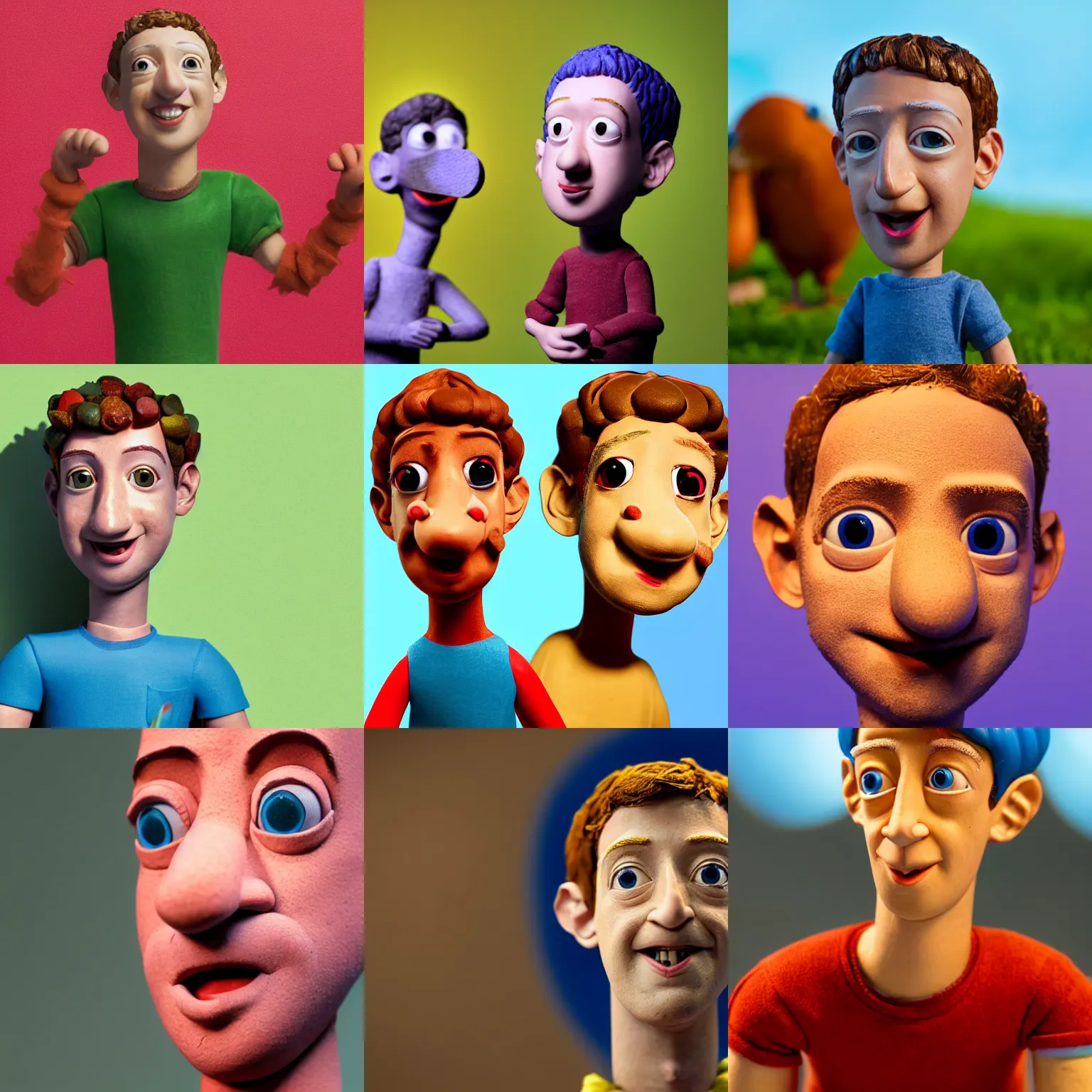 Prompt: colourful mark zuckerberg claymation, ultra realistic lighting and shadows, textures and fine detail, close shot, bokeh, studio lighting, clay figure, chicken run style