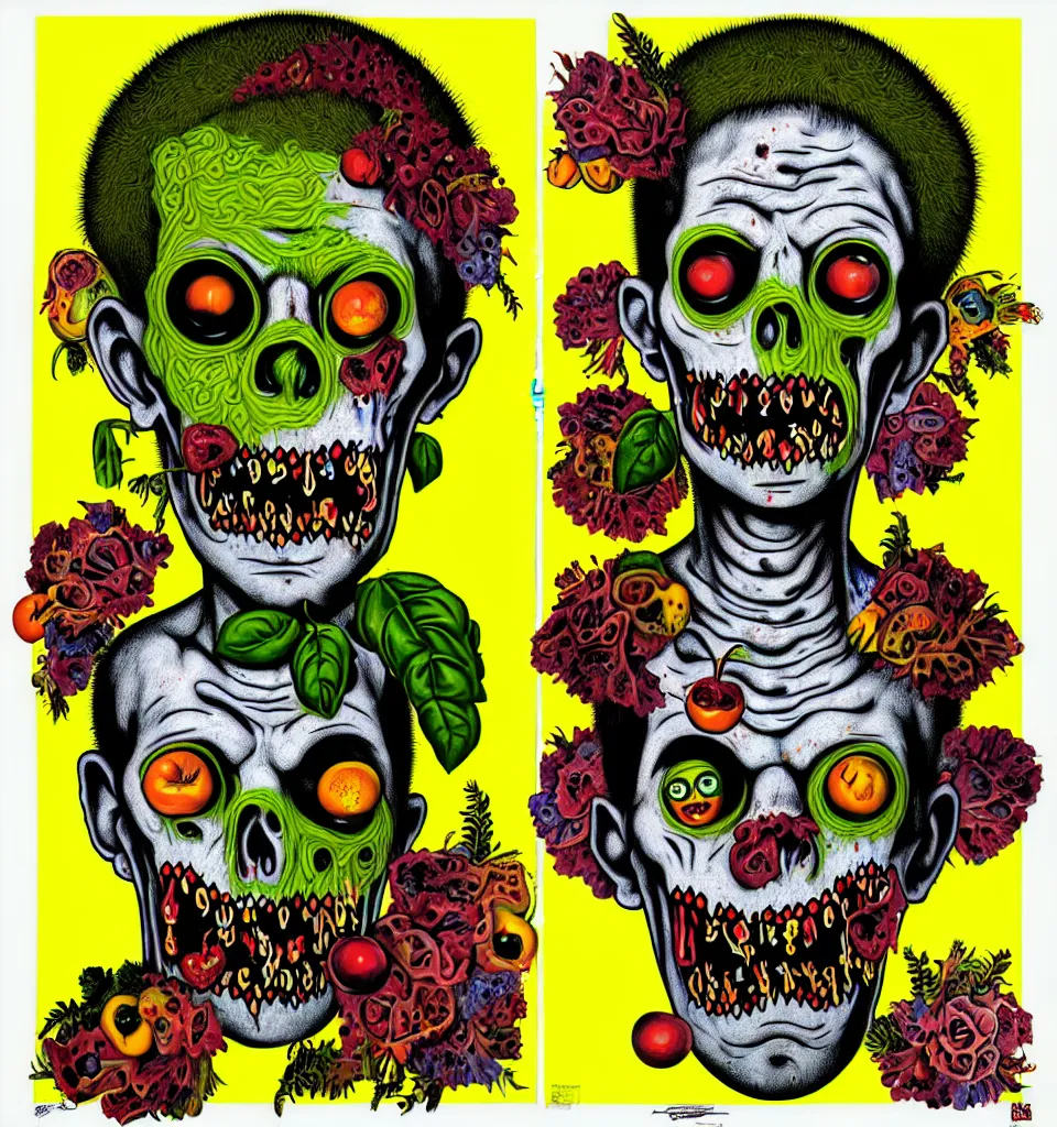 Prompt: portrait of a zombie straightedge hardcore kid, moshing, head made of fruit gems and flowers in the style of arcimboldo, basil wolverton, philip taaffe, cartoonish graphic style, street art, silkscreen pop art, punk graphics, photocopy