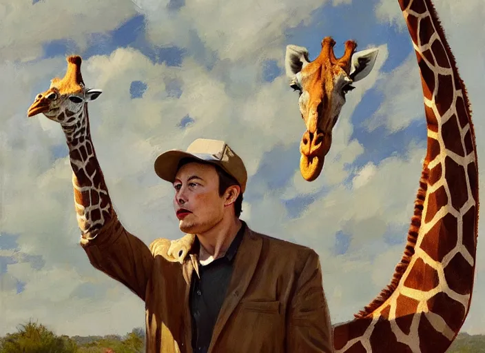 Prompt: a highly detailed beautiful portrait of elon musk with a giraffe, by gregory manchess, james gurney, james jean