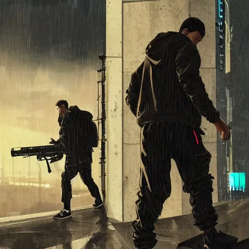 Image similar to A broad shouldered, muscular man wearing Acronym p-31 Ds pants and beige-earth Parka jacket and Nike Acronym presto sneakers, AWP sniper rifle slinging on back trending on r/techwearclothing, high quality, digital art, dirty cyberpunk city, rain, greg rutkowski