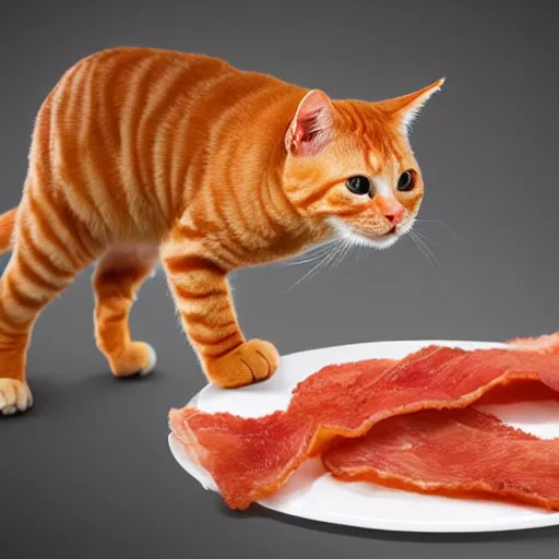 Prompt: orange tabby cat fighting an anthropomorphic humanoid bacon strip, anthropomorphic humanoid bacon strip fighting tabby, realistic