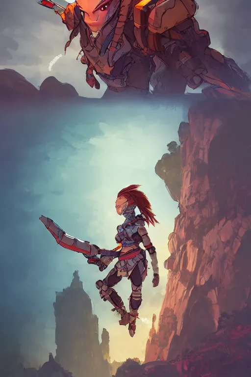 Image similar to combination suit armor aloy horizon forbidden west horizon zero dawn robot ninja mask helmet backpack tribal, gta 5 comics, official fanart behance hd artstation by jesper ejsing, by rhads, makoto shinkai and lois van baarle, ilya kuvshinov, ossdraws