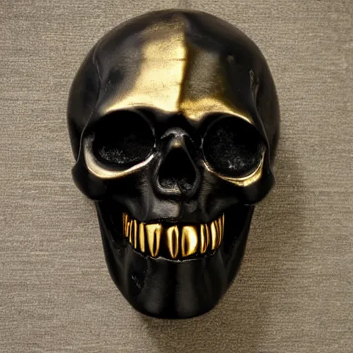 Prompt: perfect statue of evil skull mask made from black marble with gold, by johannes voss and michelangelo and donatello