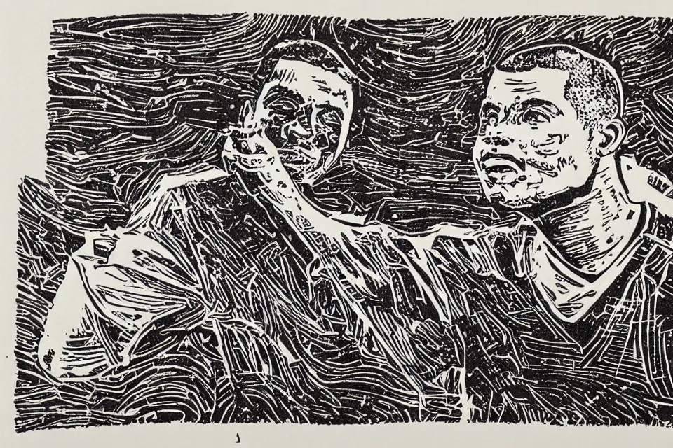 Image similar to a linocut engraving of ronaldo fenomeno