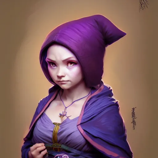 Prompt: Portrait of female gnome monk, D&D, purple eyes, face, short pink hair, fantasy, intricate, elegant, highly detailed, digital painting, artstation, concept art, smooth, sharp focus, illustration, art by artgerm and greg rutkowski and alphonse mucha