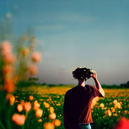 Image similar to kodak portra 4 0 0 photograph of a skinny blonde goth guy standing far back in a field of flowers, back view, flower crown, moody lighting, telephoto, 9 0 s vibe, blurry background, vaporwave colors, faded!,