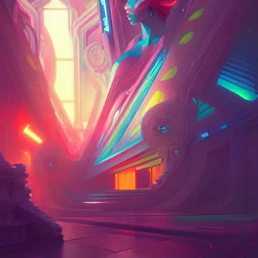 Image similar to a cybernetic temple, vaporwave aesthetic, colorful, psychedelic, digital painting, artstation, concept art, smooth, sharp focus, illustration, art by artgerm and greg rutkowski and alphonse mucha