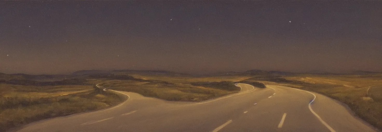 Prompt: the long and winding road at night by john christopher maxwell pratt,