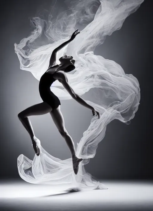 Image similar to a Photorealistic dramatic hyperrealistic render of a glamorous beautiful Female smoke dancer by Ken Brower and Deborah Ory of NYC Dance project,Lois Greenfield,Flowing cloth and smoke,Beautiful dynamic dramatic dark moody lighting,volumetric,shadows,cinematic atmosphere,Octane render,8K