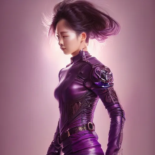 Prompt: portrait of Korean female futuristic short violet leather jacket and skirt expressive pose, intricate, elegant, highly detailed, digital painting, artstation, concept art, smooth, sharp focus, illustration, art by artgerm and greg rutkowski and alphonse mucha