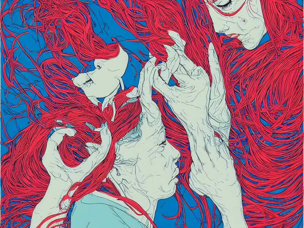 Prompt: the nurse pulls a patch of my hair out so that she can access my brain, vibrant screen print by martine johanna and moebius