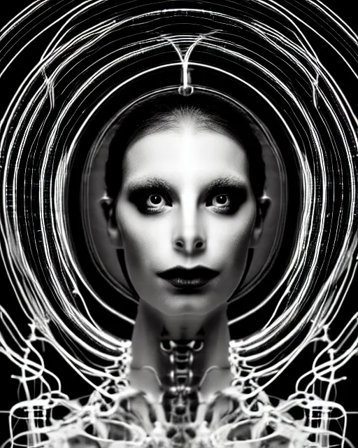 Image similar to black and white artistic photo, young female cyborg - plant goddess, microchip, artificial intelligence, bio - mechanical bio - luminescence, black wired cables, cinematic, rim light, photo - realistic, 8 k, in the style of steven meisel and dora maar and h. g. giger