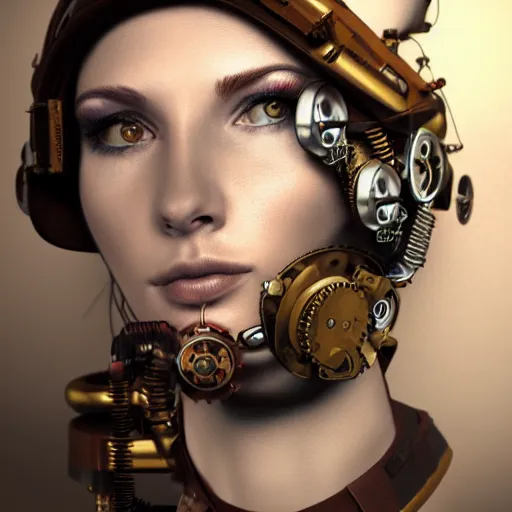 Image similar to photorealistic portrait of a steampunk cyborg