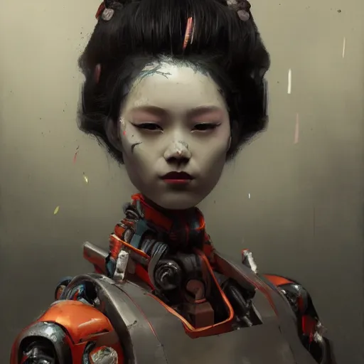 Image similar to portrait of a geisha robot by greg rutkowski and ruan jia, mecha, washed colors, dark, gloomy, matte painting, unreal engine 5