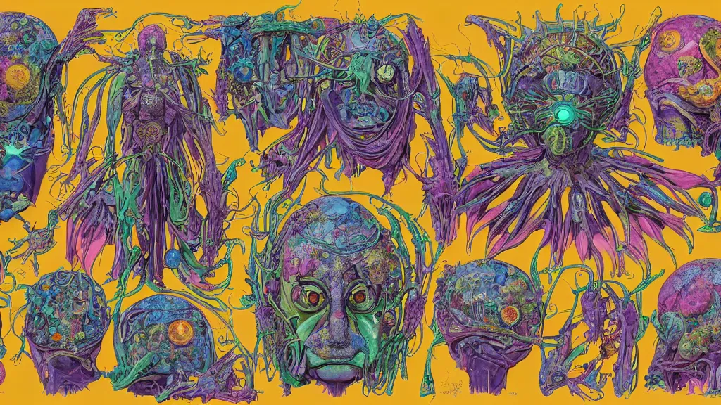Prompt: colorful and vivid character sheet for an extraterrestrial with large bulbous head, religious robes, retrofuture, ernst haeckel, fantastic planet, moebius, valerian, coherent, illustration, digital art, trending on artstation, hd, 8 k, good lighting, beautiful, rough paper, masterpiece