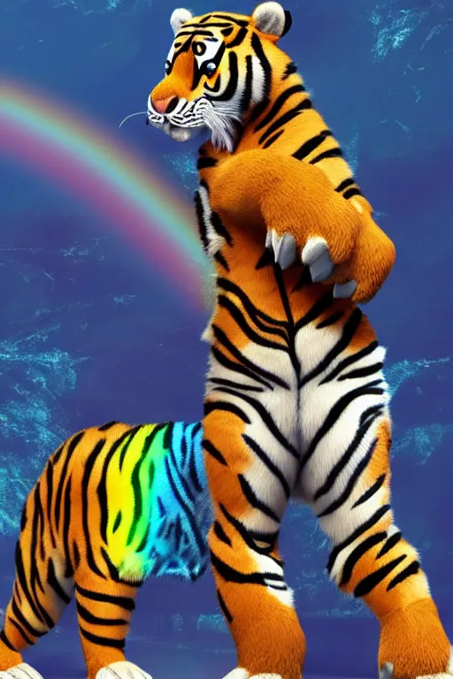 Image similar to Male masculin Furry Tiger as Police ,fullbody, Rainbow Background, 8k Photo Realistic