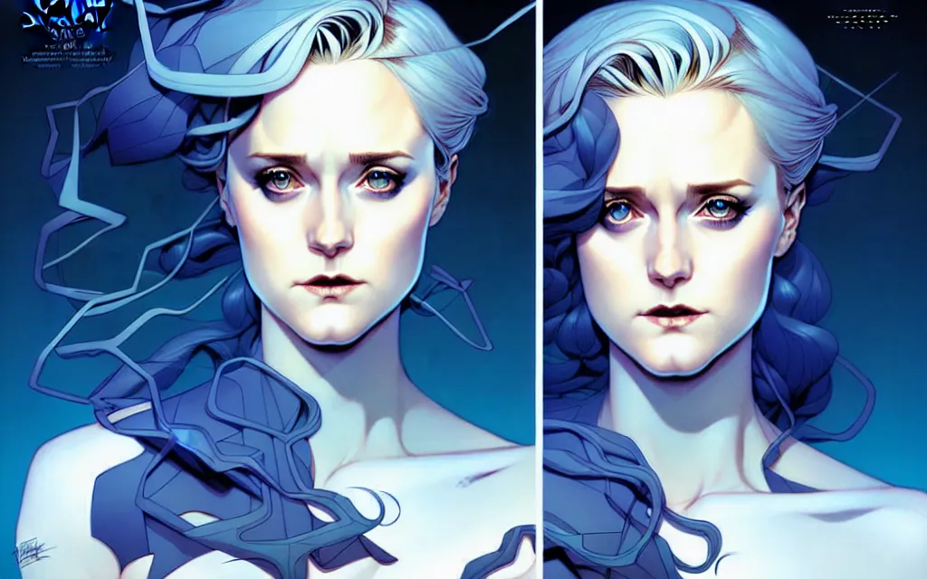 Image similar to artgerm, joshua middleton comic cover art, full body pretty evan rachel wood ice queen, symmetrical eyes, symmetrical face, long curly blue hair, icy forest, chiral lighting