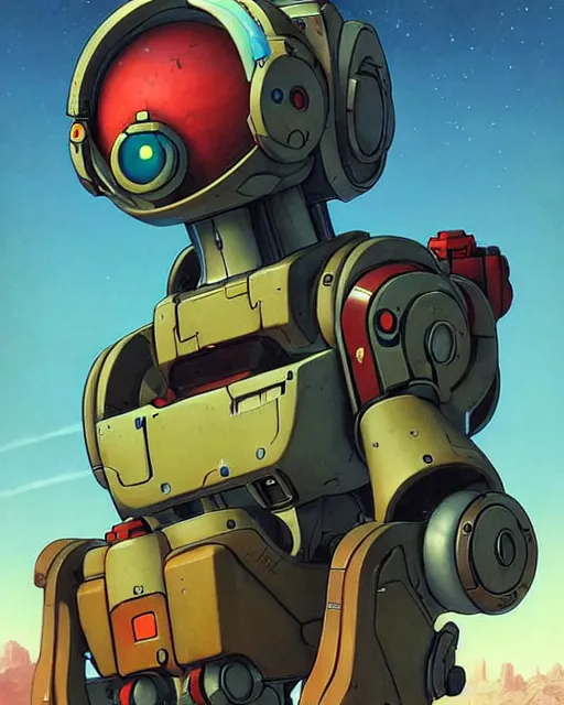 Image similar to bastion the friendly robot from overwatch, with his pet bird, character portrait, portrait, close up, concept art, intricate details, highly detailed, vintage sci - fi poster, retro future, in the style of chris foss, rodger dean, moebius, michael whelan, katsuhiro otomo, and gustave dore