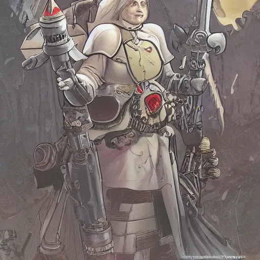 Image similar to a beautifully detailed warhammer 4 0 k portrait of angela merkel as inquisitor. western comic art by moebius.