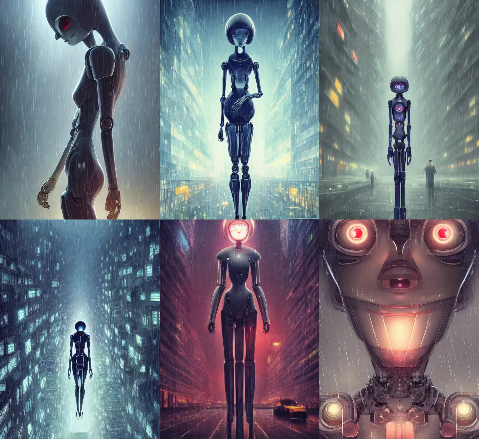 Prompt: detailed, sharp, A sad femal android robot in a raining city filled with people looking up toward destruction by Anna Dittmannand, by hayao miyazaki, dutch angle, one point perspective, digital art, surreal, trending on artstation, HD, 8K, highly detailed, good lighting. beautiful. epic. masterpiece.