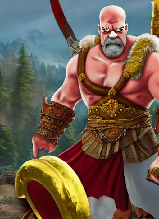 Prompt: painted white Homer Simpson depicted as Kratos God of War, high detailed official artwork