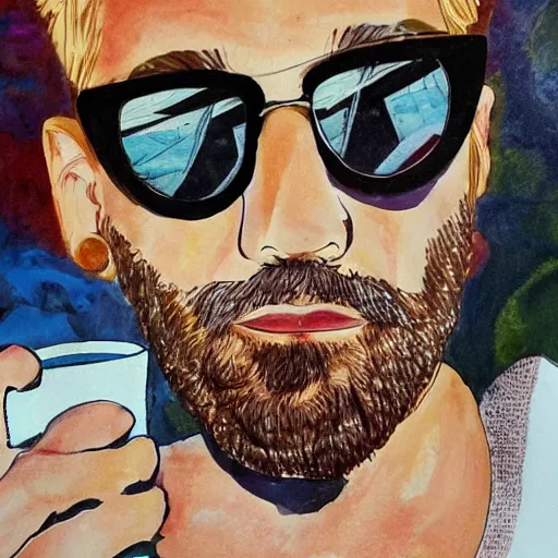 Prompt: artistic beautiful work of art masterpiece featuring a man wearing sunglasses drinking a cup of tea