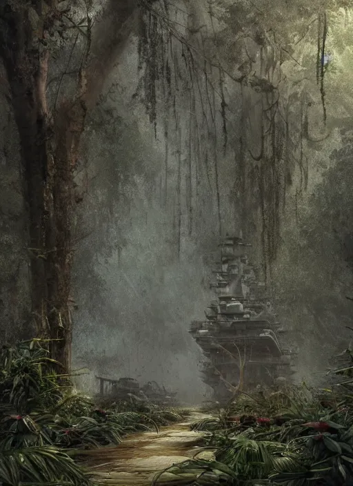 Prompt: aircraft carrier, USS Nimitz, rusty, overgrown with vegetation laying on the ground of a tropical forest, post appocalyptic, by Luis Royo, by Greg Rutkowski, dark, gritty, intricate, cover illustration, concept art, volumetric lighting, volumetric atmosphere, sharp focus, octane render, trending on artstation, 8k