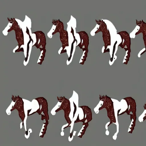 Image similar to an animation of a horse running left to right shot frame by frame, separated into equally sized frames, from'learning to animate'