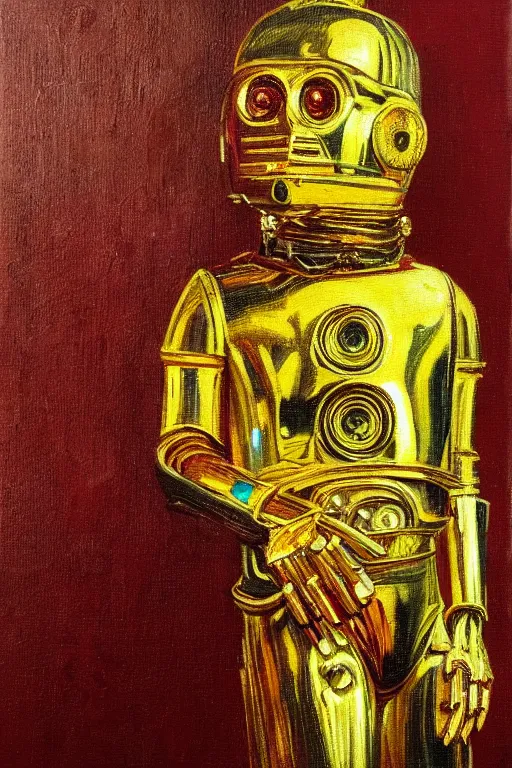 Image similar to bright beautiful oil painting portrait of c 3 po dressed like a 1 9 th century dandy, light scatter, van gogh