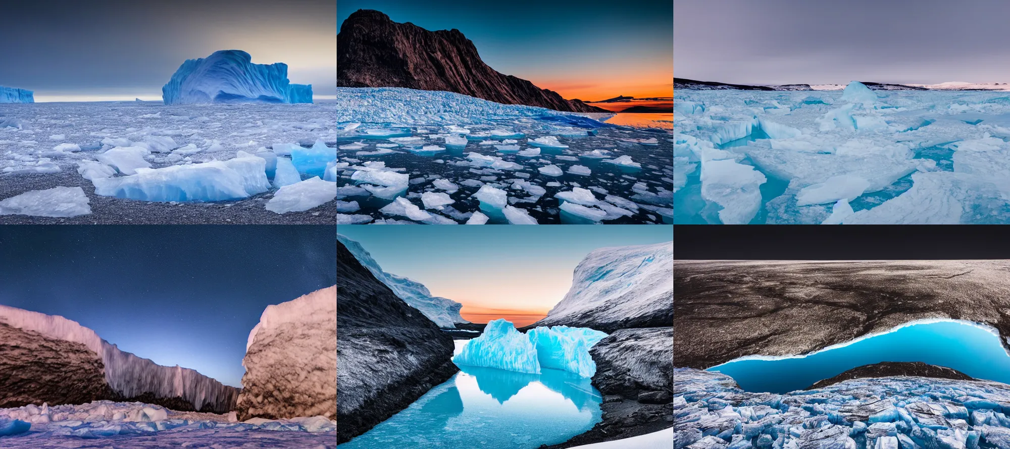 Prompt: Arctic ice cliffs at night, glacier photography, bright sea, black sky, blue glow, icebergs, ocean, today's featured nature photography 4K