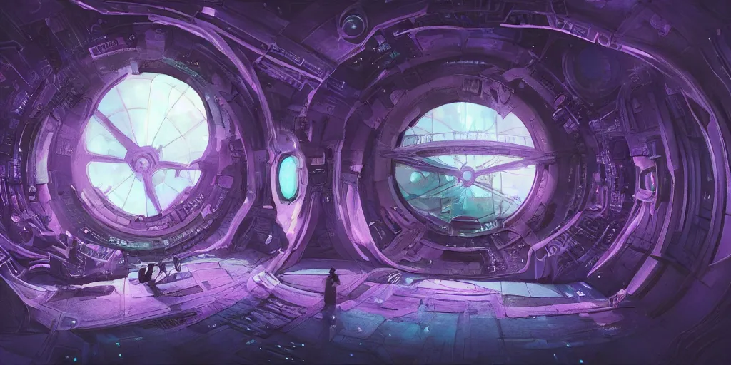 Image similar to alien ship interior with circular windows, natural starlight, bright colors, romantic greenery, purple flowers, cinematic, cyberpunk, smooth, chrome, lofi, nebula, calming, dramatic, fantasy, by Moebius, by zdzisław beksiński, cyberpunk LUT, high contrast, epic composition, sci-fi, dreamlike, surreal, angelic, 8k, unreal engine, hyper realistic, fantasy concept art,