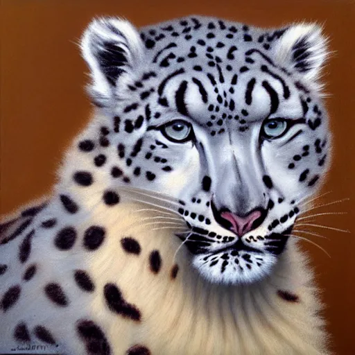 Prompt: oil painting of a snow leopard on canvas, by James gurney, realism, warm lighting, award winning, high detail, professional, volumetric lighting