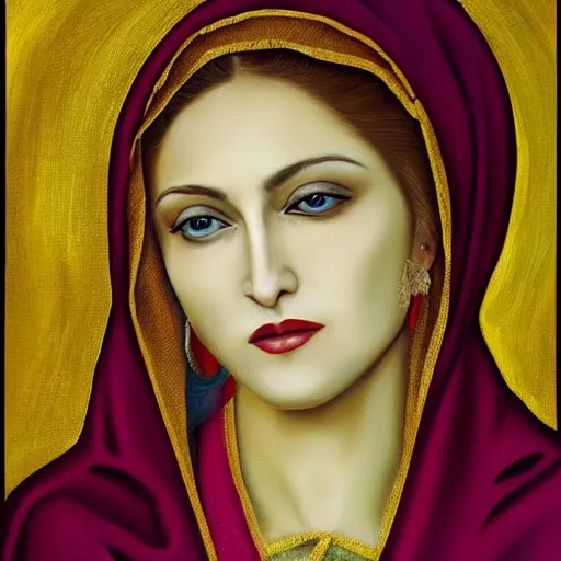 Prompt: Madonna Ciccone as the Virgencita, oil painting, high detail, beautiful