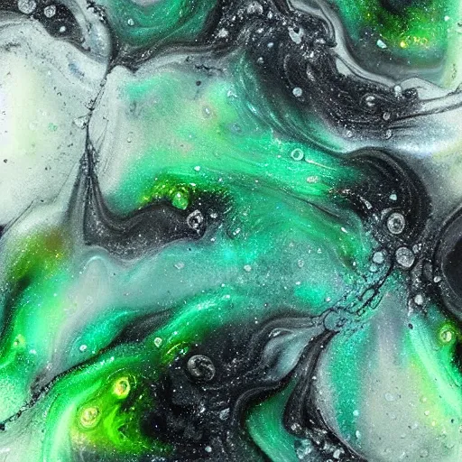 Image similar to beautiful liquid marble texture with oil bubbles and twirls. harmonic black and green tones coloured galaxy abstraction. ultradetailed realistic art