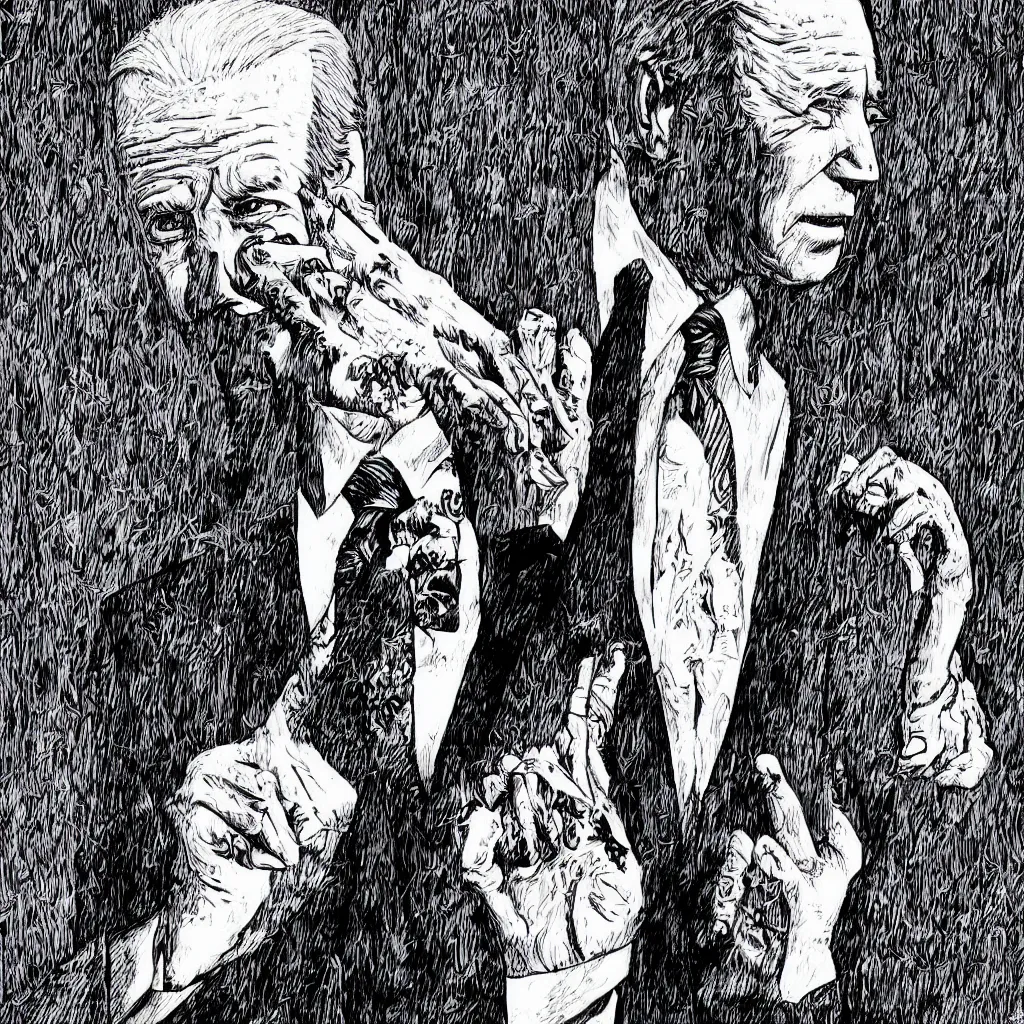 Image similar to Joe Biden full body portrait, body horror, black and white Illustration by Junji Ito