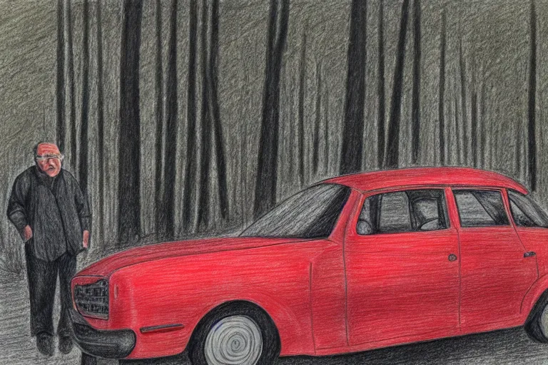 Prompt: old man standing next to a small red car parked on a forest road, detailed pencil drawing, partly colored