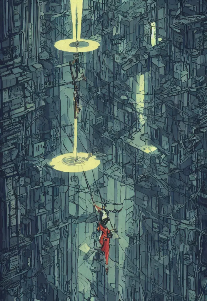 Image similar to the hanged man tarot card in a cyberpunk style