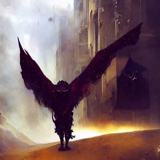 Image similar to Exterior Desert Oasis puissant physique demonic crow wearing a devilry costume Jan Van eyck greg rutkowski ilya repin christophe young bastien lecouffe-deharme ismail inceoglu odd nerdrum dragan bibin john steuart curry