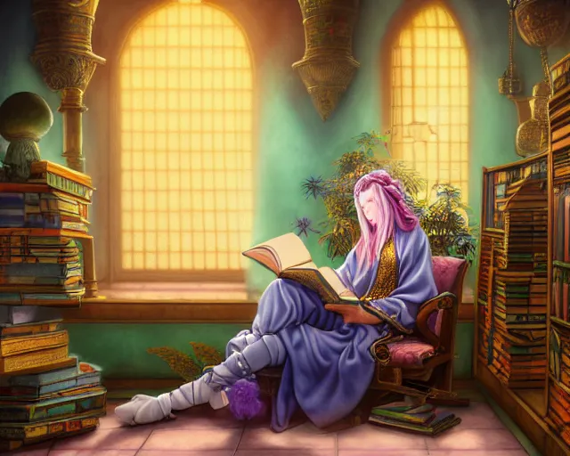 Prompt: a detailed fantasy pastel portrait of a wizard student in ornate clothing lounging on a purpur pillow on the marble floor in front of her bookcase in a atmospheric room, studying an ancient tome. to the side is a potted plant and some blue candles. ancient oriental retrofuturistic setting. 4 k key art, raytracing in the style yoshitaka amano and rembrandt.