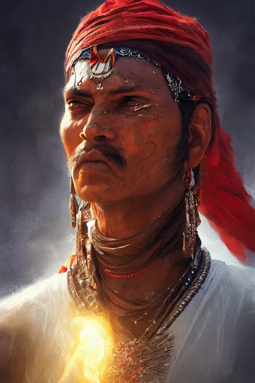 Image similar to indian warrior, close - up portrait, fierce, intricate, elegant, volumetric lighting, scenery, digital painting, highly detailed, artstation, sharp focus, illustration, concept art, ruan jia, steve mccurry