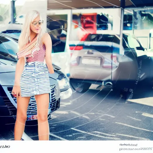 Image similar to petrol station expensive fuel blonde woman nice car cartoon style sunny weather wide shot surprised expression decent clothes valvoline gas