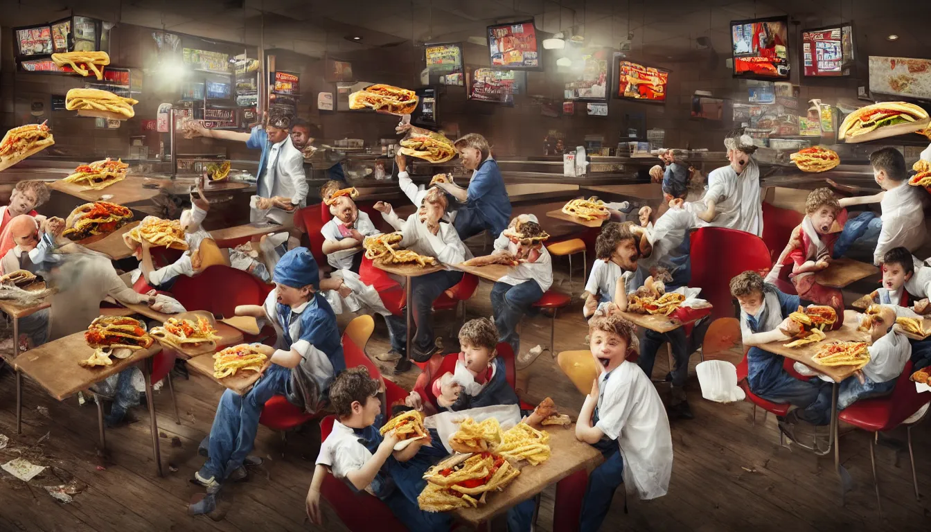 Image similar to in a dirty fast food restaurant disheveled children in rags obese men in suits and old people fighting over piles half eaten rotting fast food, money floats in the air, hyper realistic photo, full colour, upscale, 8 k, masterpiece,