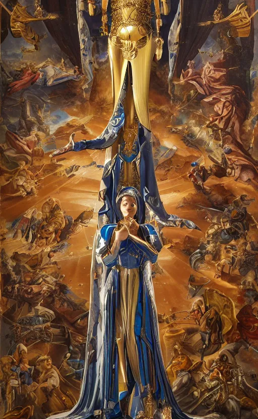 Image similar to mural of a young cyborg woman, beautiful royal gown, golden detailing, sci fi weapon, reaching towards the heavens, sci fi world, highly detailed holy imagery, renaissance mural, mural in the style of sandro boticceli