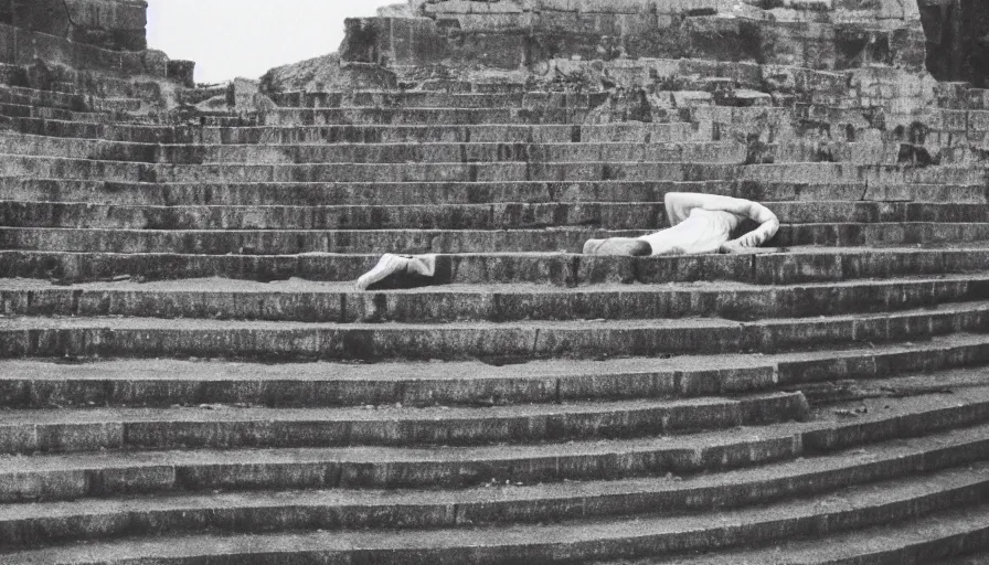 Image similar to 1 9 6 0 s movie still close - up of caligula lay dead on the ancient amphitheater's stairs on a blood flaque, cinestill 8 0 0 t 3 5 mm, high quality, heavy grain, high detail, dramatic light, anamorphic, blood