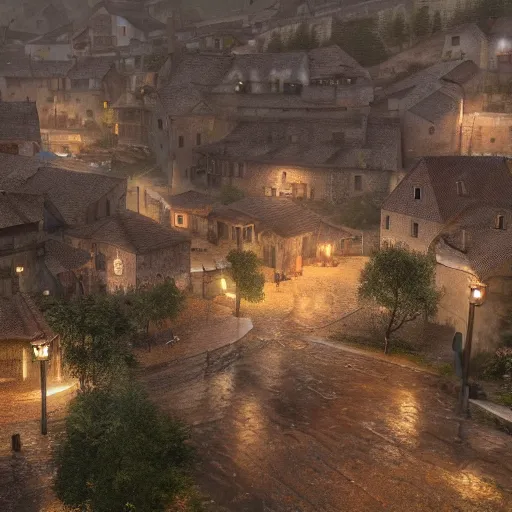 Image similar to the center of a poor medieval town under heavy rain at late night, in a valley, surrounded by mountains, highly detailed, octane render, ultra detailed cinematic, 8 k, widescreen, 1 6 : 9, hd