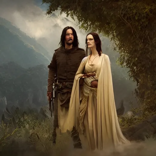 Prompt: keanu reeves as aragorn and kaya scodelario as arwen by leonardo divinci, greg rutkowski, alphonse mucha, mystical cosmic lighting, octane render, artstation, rey tracing, golden ratio, rule of thirds, perfect composition